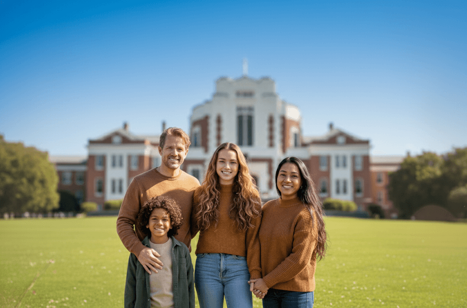 Happy family exploring school options